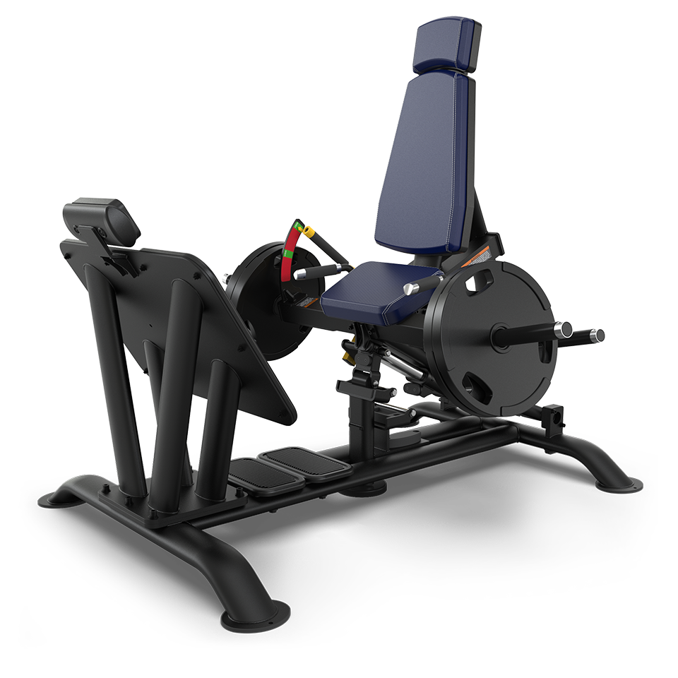 A black and blue leg press machine with padded seat and backrest, adjustable weights, and footplate, designed for lower body strength training in a gym setting.