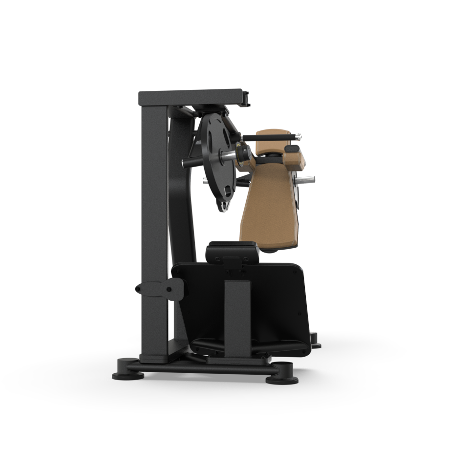 A side view of a black and brown seated gym machine with a padded seat, metal footplate, and weight plate holder on a sturdy base, designed for lower body exercises.