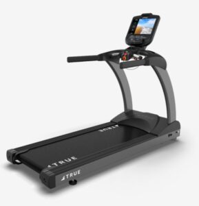 A modern black treadmill with a digital display screen, handrails, and control buttons, branded TRUE, shown on a white background.