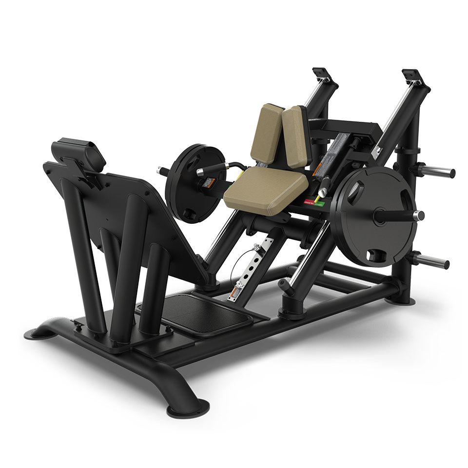 A black and beige leg press machine with weights loaded on both sides, angled footplate, padded backrest, and sturdy metal frame, designed for lower body strength training.