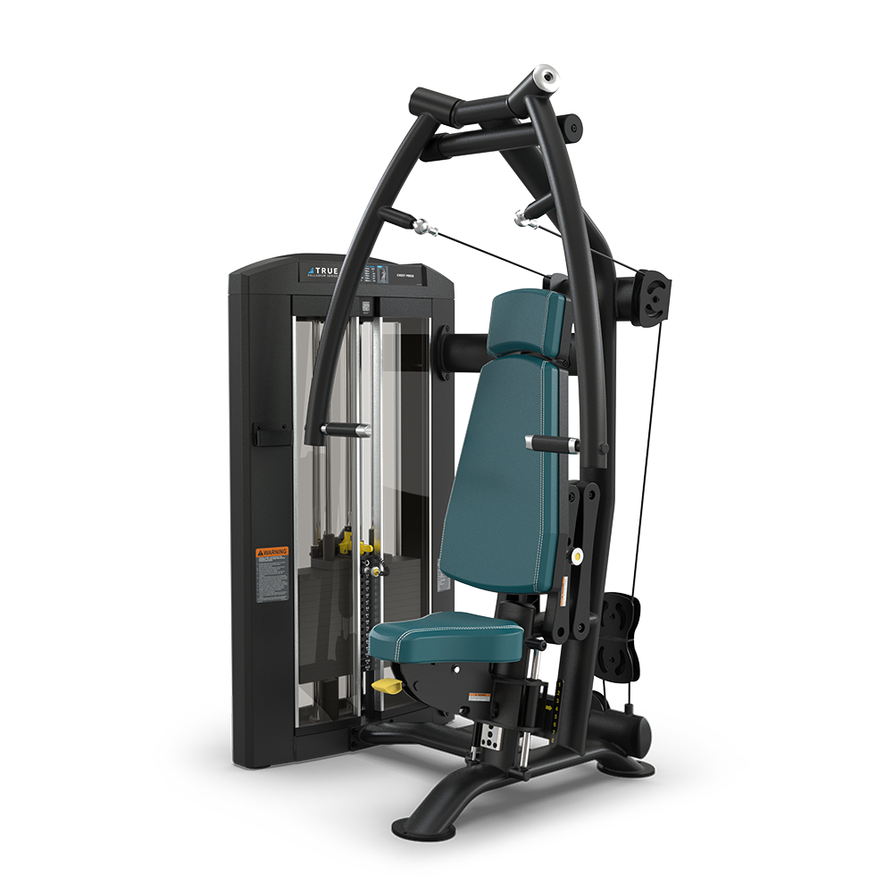 A black and teal seated strength training machine with adjustable weights, handles, and padded seat and backrest, designed for performing chest or shoulder press exercises in a gym setting.