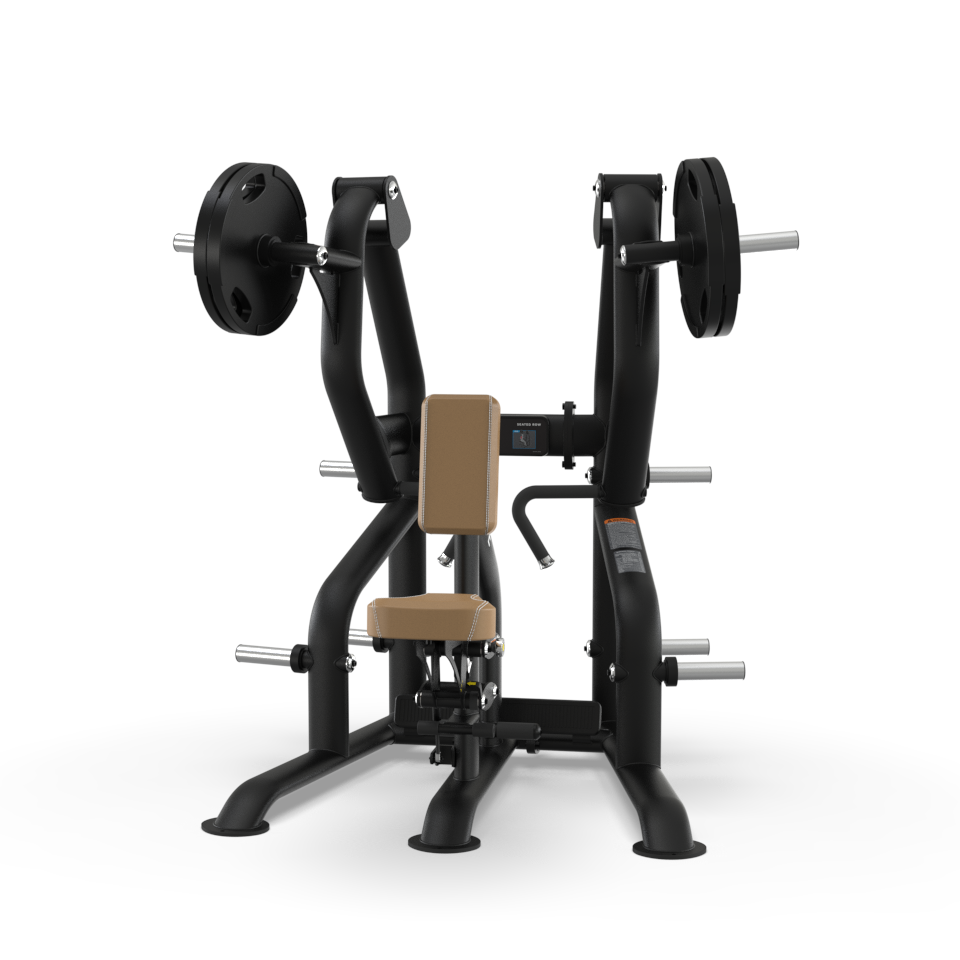 A black and brown plate-loaded shoulder press gym machine with weights on each arm, featuring a padded seat and backrest on a white background.