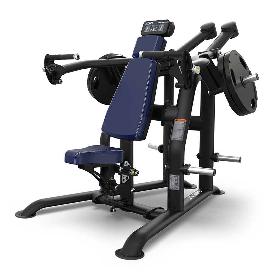 A black and blue seated strength training machine with arm press handles, weight plates, and instructional labels, designed for chest or shoulder exercises in a gym setting.
