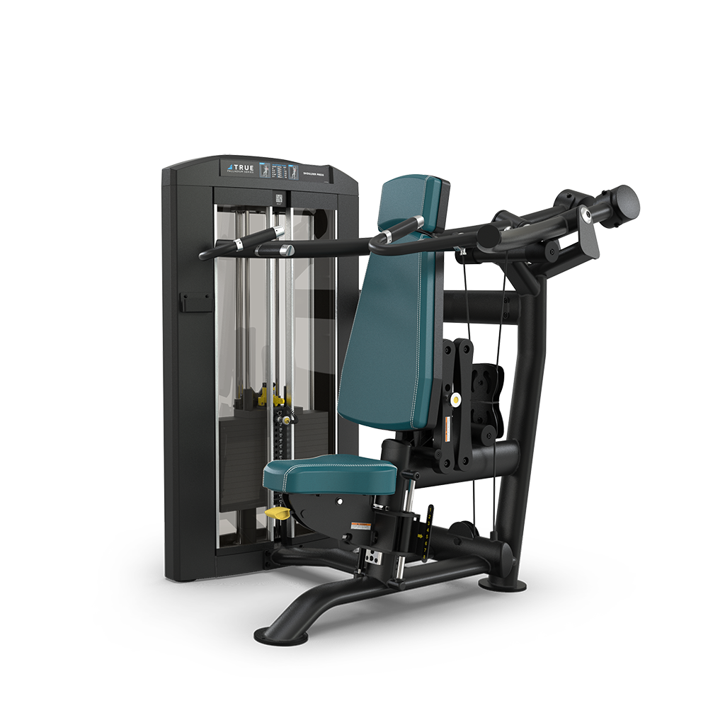 A teal and black seated strength training machine with padded seat and backrest, two arm handles, and a weight stack enclosed in a black frame, designed for chest press exercises.