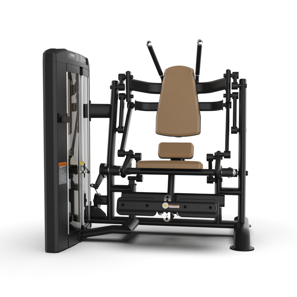 A leg press gym machine with a padded tan seat and backrest, black metal frame, and adjustable weight stack on the left side, designed for lower body strength exercises.