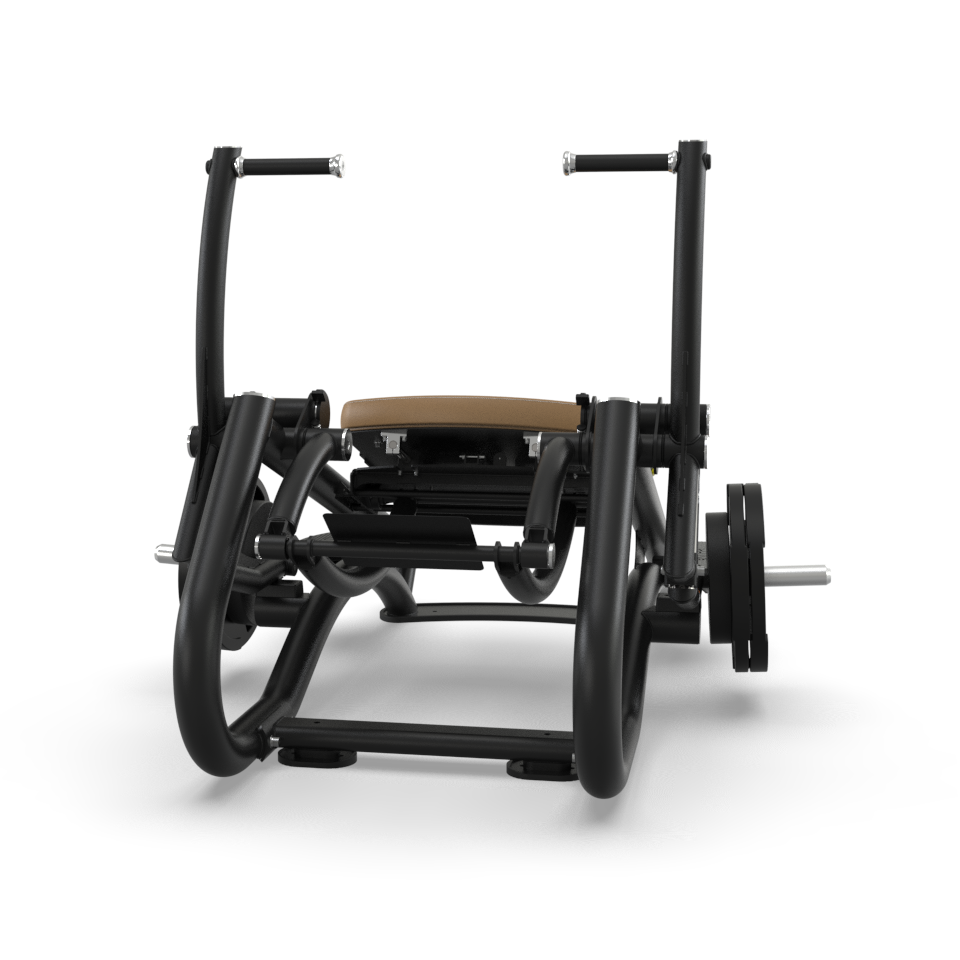 A black seated gym machine with a padded brown seat, footrest, and handles, designed for lower body strength training, shown with weight plates on the side against a white background.