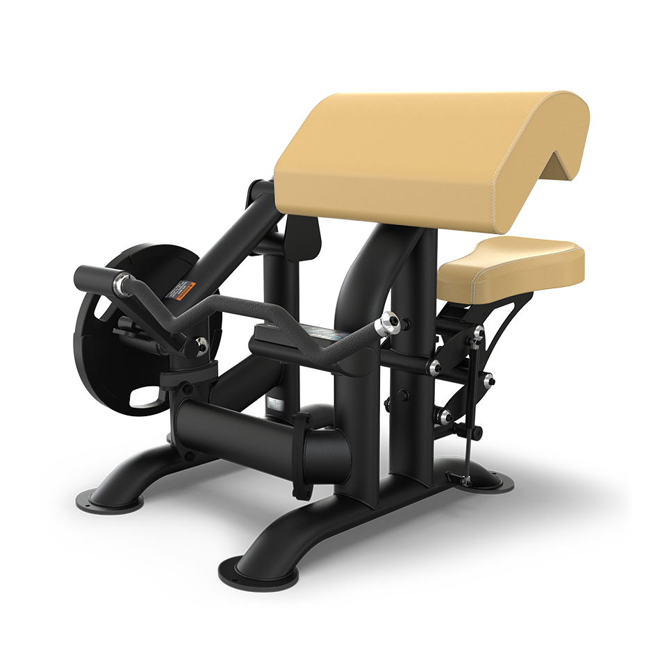 A black and beige seated gym machine designed for preacher curls, featuring padded arm and seat supports, two handles, and weight plate holders on the sides.