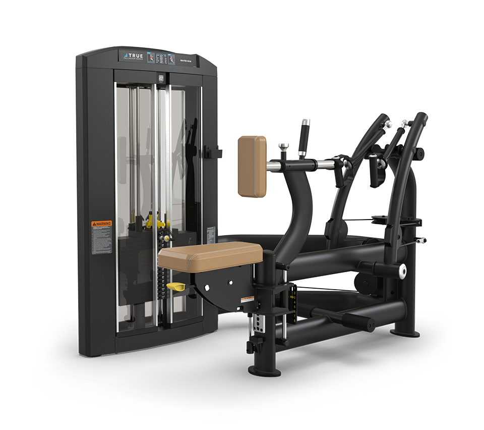 A black and tan seated exercise machine designed for strength training, featuring padded seats, adjustable levers, cables, and a weight stack with a digital display panel.