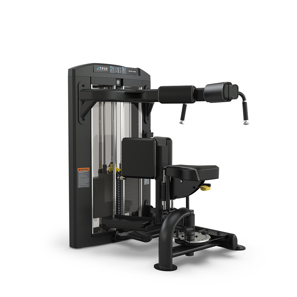 A black seated multi-function gym machine with padded supports, adjustable arms, and weight stacks, designed for strength training exercises like chest fly or rear delt. The machine sits on a white background.