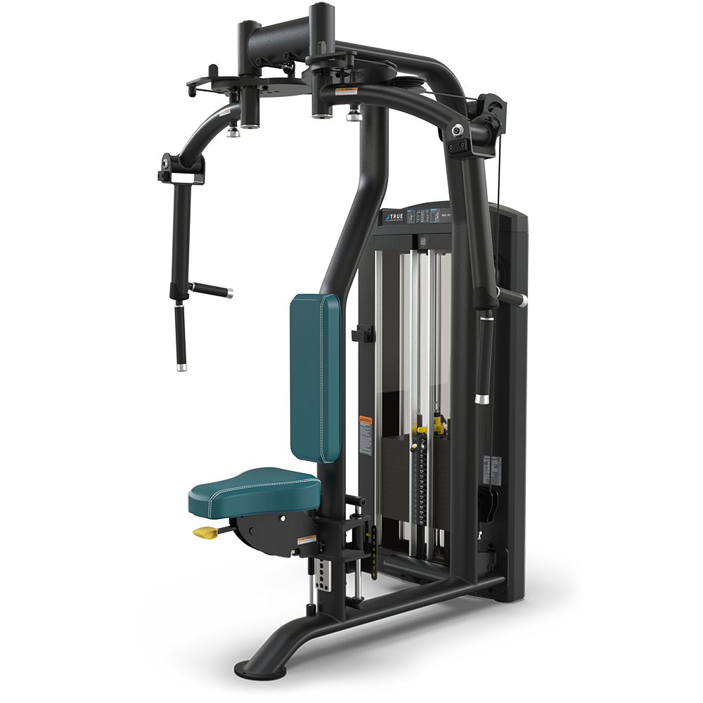 A multi-station gym machine with a padded teal seat and backrest, black frame, adjustable weight stack, and dual handles for chest or shoulder exercises, isolated on a white background.