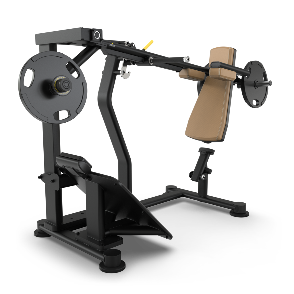 A black and brown plate-loaded chest press machine with two handles, angled backrest, and foot platform, designed for upper body strength training. Weight plates are attached to each side.