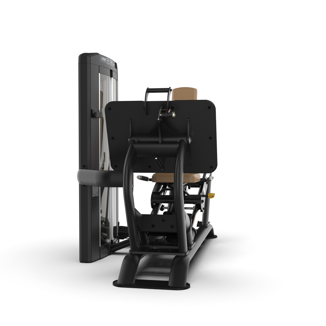 A seated leg press machine with a padded seat and backrest, footplate, and weight stack, designed for gym or fitness center use, shown against a plain white background.
