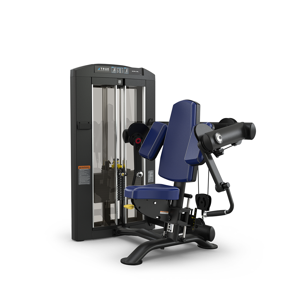 A blue and black seated gym machine with padded supports and a weight stack, designed for arm or shoulder exercises, against a plain white background.