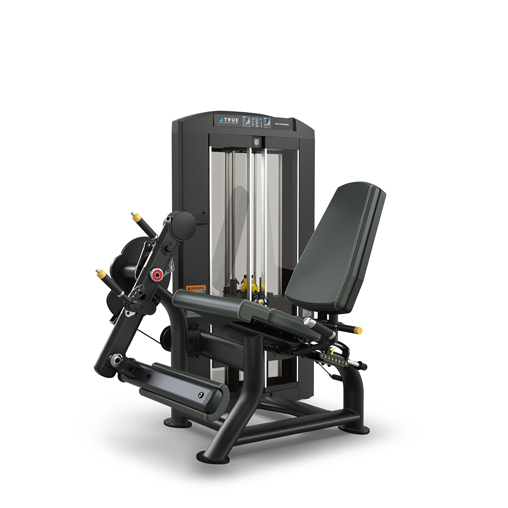 Seated leg extension machine with padded seat and backrest, weight stack, and adjustable rollers for exercising quadriceps, set against a plain white background.