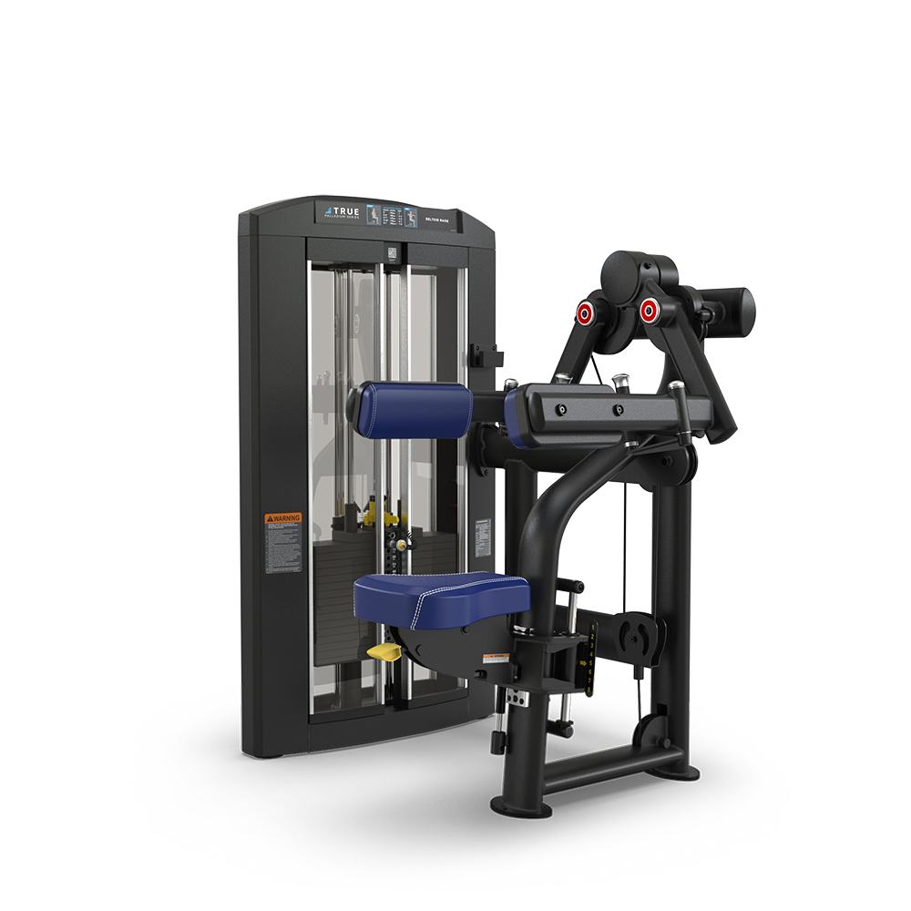 A commercial gym machine with a black frame and blue padded seats, designed for seated leg curls, featuring adjustable weights and handles, set against a plain white background.
