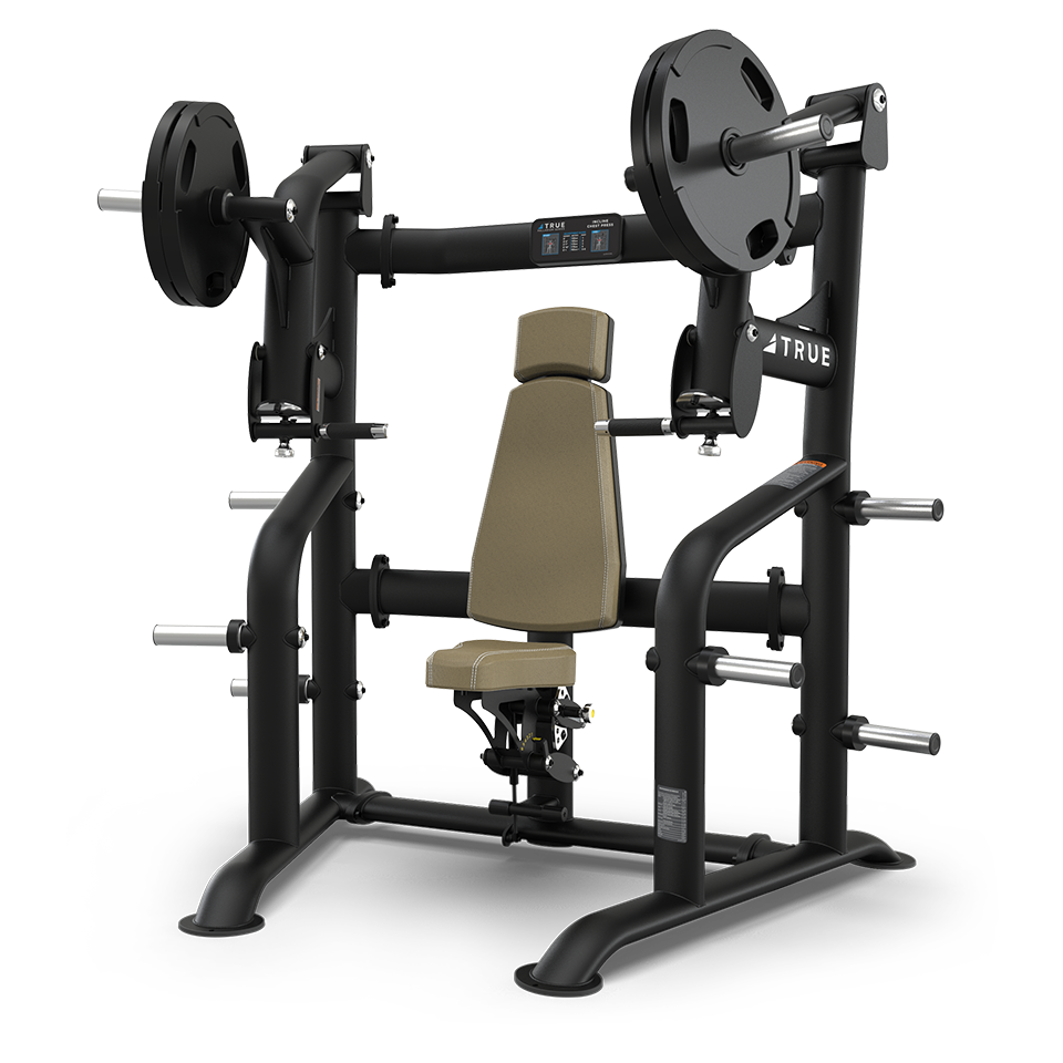 A black and tan chest press machine with weight plates loaded on the arms, an adjustable padded seat, and multiple storage pins for barbells, set against a plain white background.
