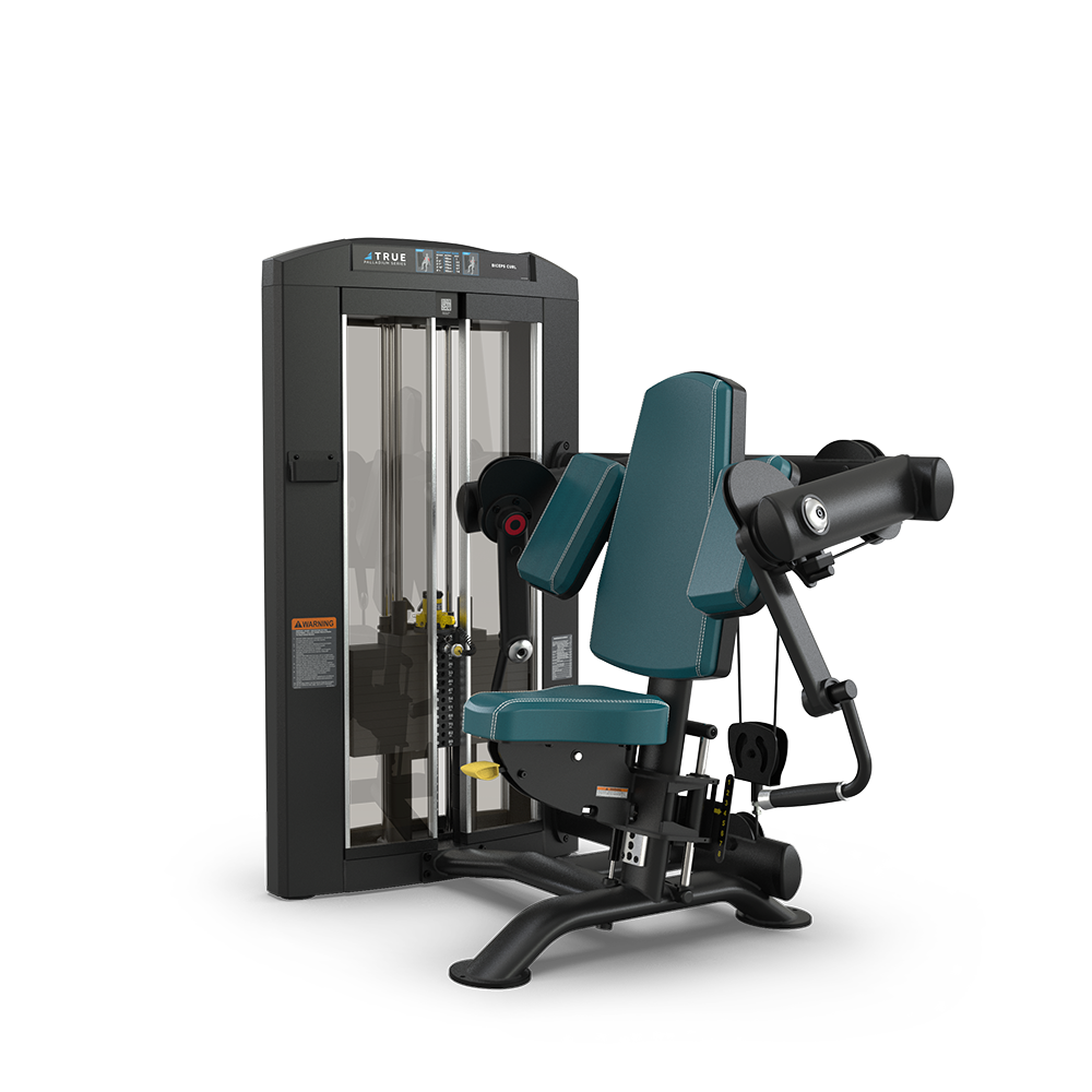 A teal and black seated gym machine with padded seat and backrest, designed for upper body exercises, featuring weight stacks, adjustable arm pads, and handles, set against a plain white background.