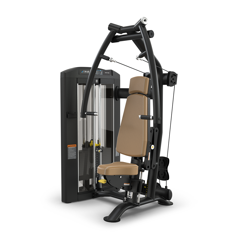 A black and beige seated chest press machine with padded seat and backrest, adjustable arms, and weight stack, designed for strength training in a gym setting.