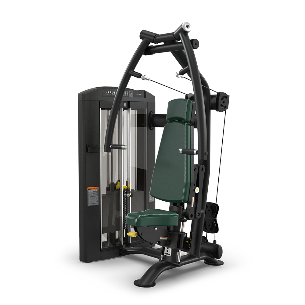 A seated gym machine with a padded green seat and backrest, black frame, and adjustable weights, designed for upper body workouts such as chest presses or shoulder presses.
