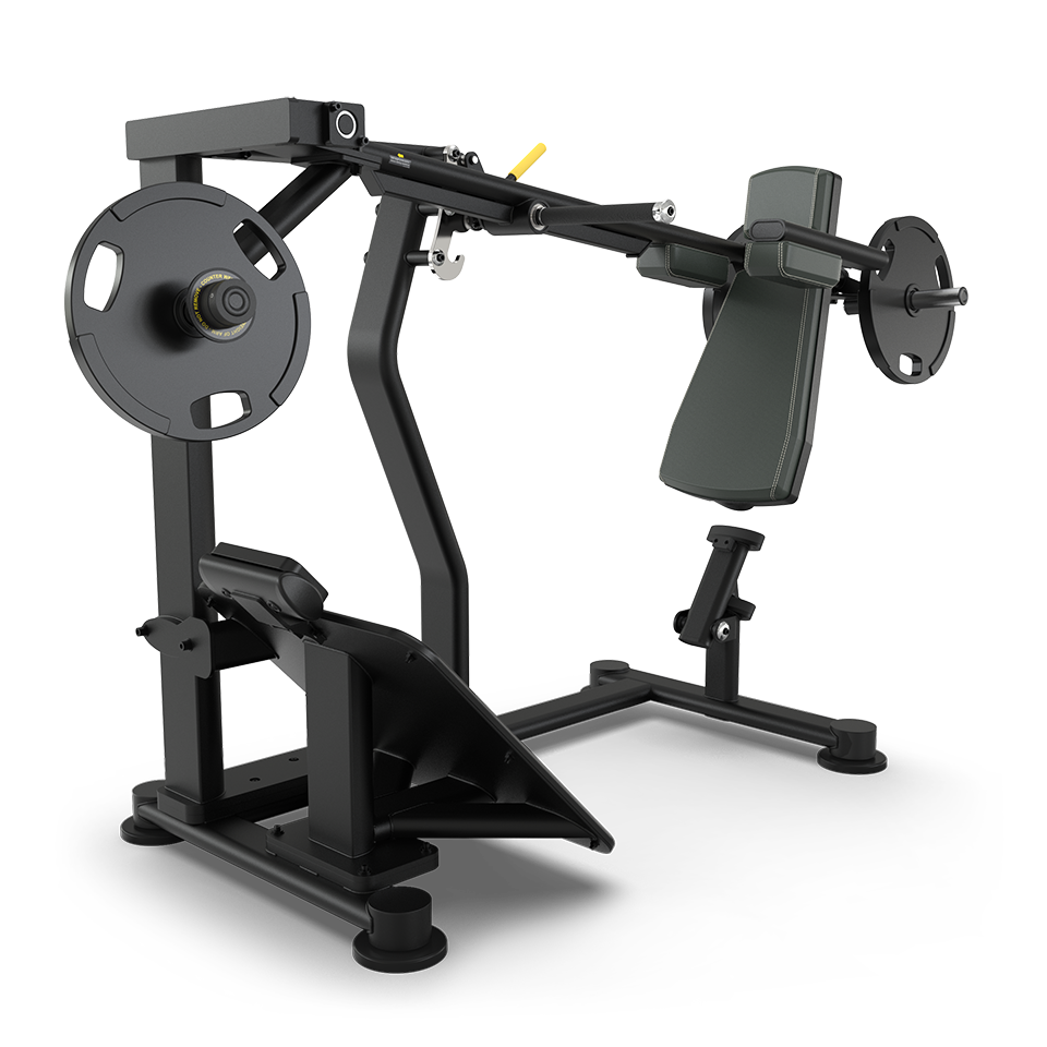 A black and gray plate-loaded gym machine designed for chest press exercises, featuring angled back and seat pads, handles, footrests, and weight plates mounted on each end.