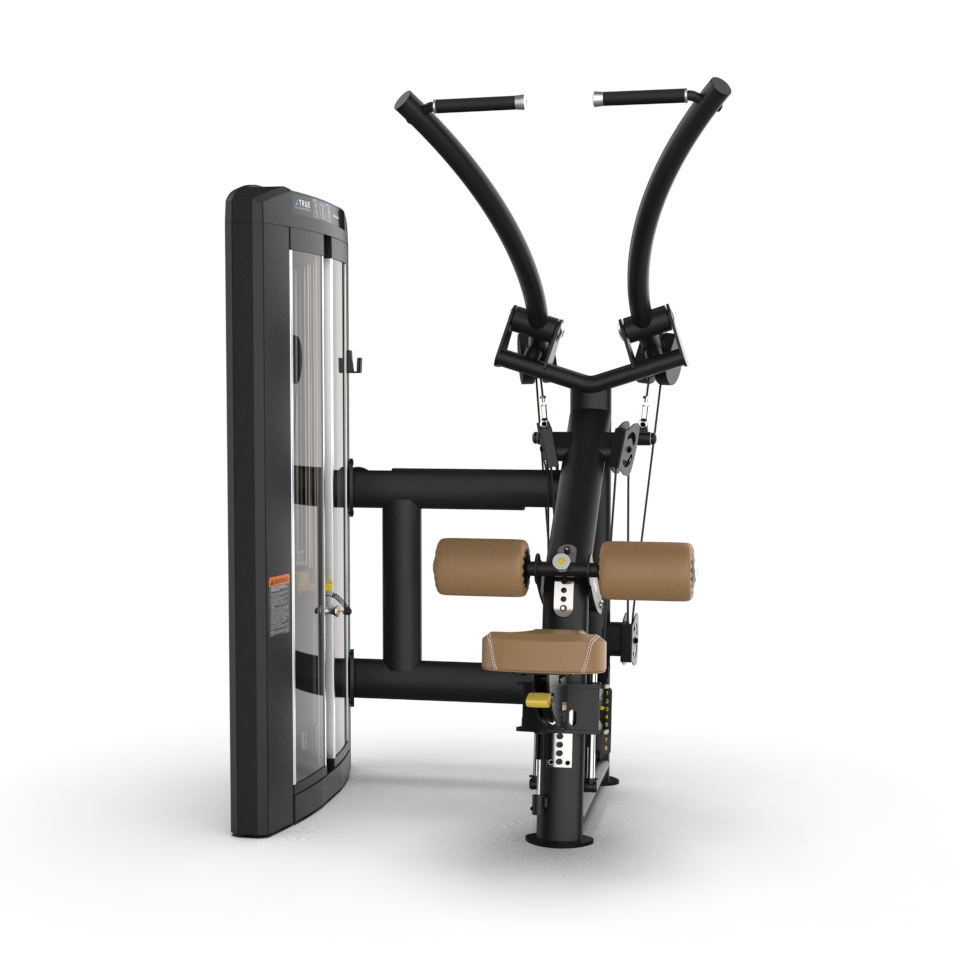 A commercial gym machine with padded brown seats and handles, featuring a vertical weight stack and black metal frame, designed for upper body strength exercises like lat pulldowns or rowing.