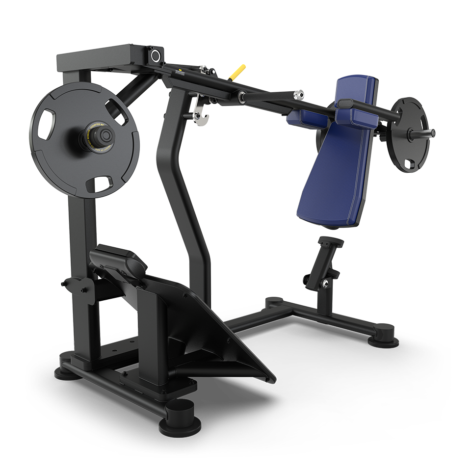 A black and blue plate-loaded gym machine with angled seat and foot platform, designed for chest press or shoulder press exercises, shown from a side angle with weight plates attached.