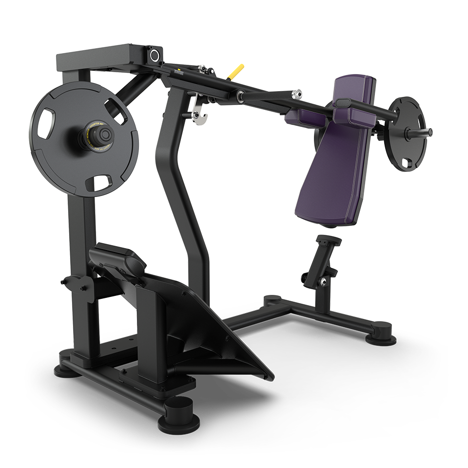 A black and purple gym machine with weight plates, a padded seat, footplate, and handles, designed for strength training exercises. The equipment is set against a plain, light background.