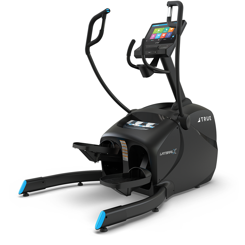 A black elliptical exercise machine with a digital display screen, moving handlebars, and blue accents on the base, shown on a white background.