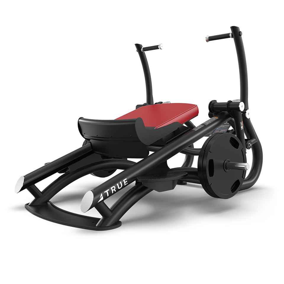 A black and red gym leg press machine with a slanted seat, foot platform, and weighted plate attachments, designed for strength training, shown on a white background.