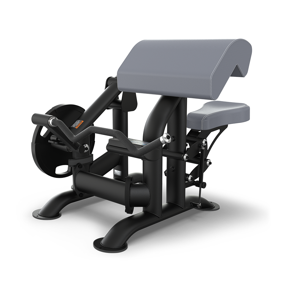 A black and gray seated preacher curl exercise machine with padded armrest, bar handles, and weight plate holders, designed for isolating and strengthening arm muscles.