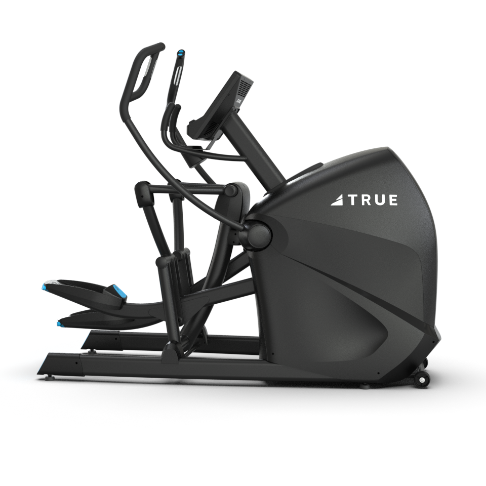 A black elliptical machine with a digital display and moving handlebars, branded with the word TRUE on the side, shown against a plain white background.