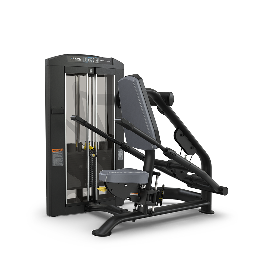 A seated strength training machine with padded seat, backrest, and arm handles, designed for upper body workouts, with a visible weight stack and adjustment levers.