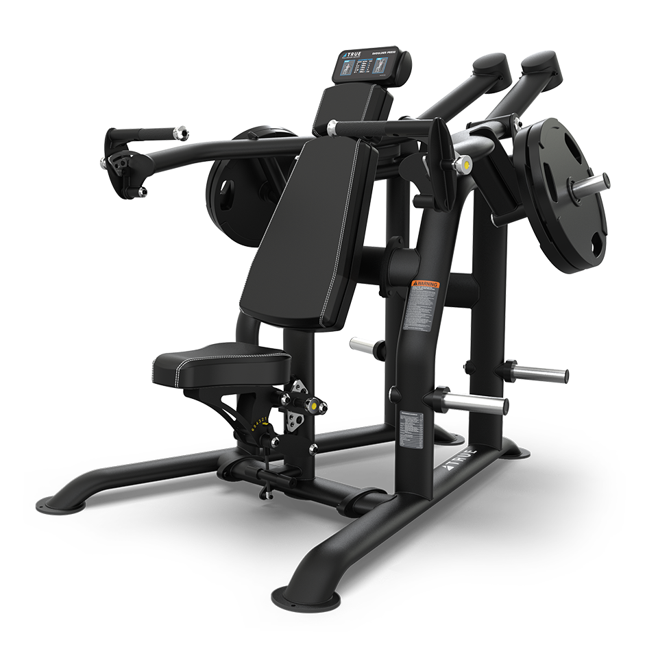 A black seated strength training machine with padded backrest and adjustable seat, designed for chest press exercises, featuring weight plate holders and lever arms with handles.