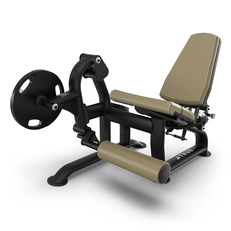 A beige and black seated leg extension machine with padded seat, backrest, and rollers, designed for strength training exercises; weight plate loaded on the side.