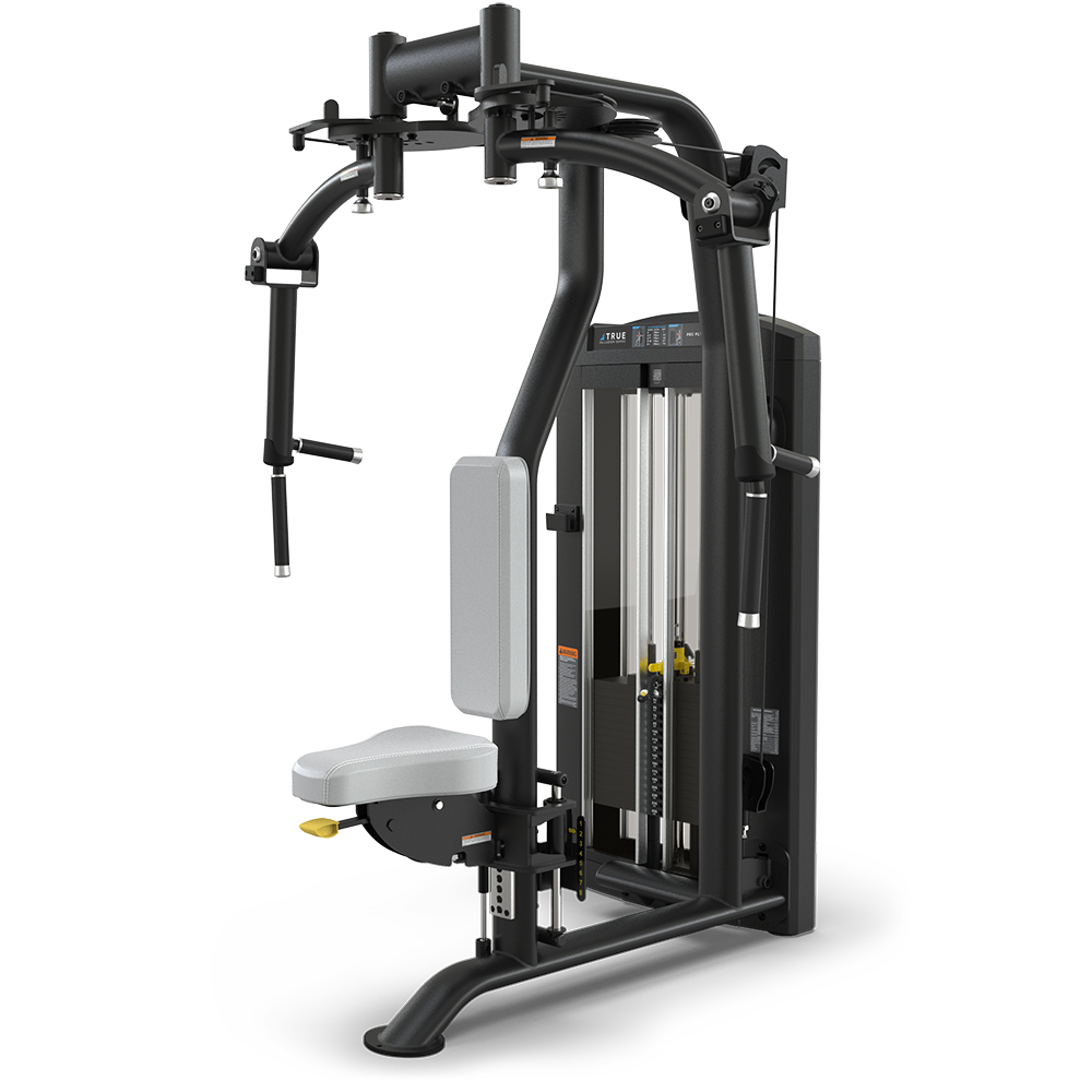 A black and gray chest fly and rear delt machine with padded seat, adjustable weight stack, handles, and arm pads, designed for strength training in a gym setting, against a plain white background.