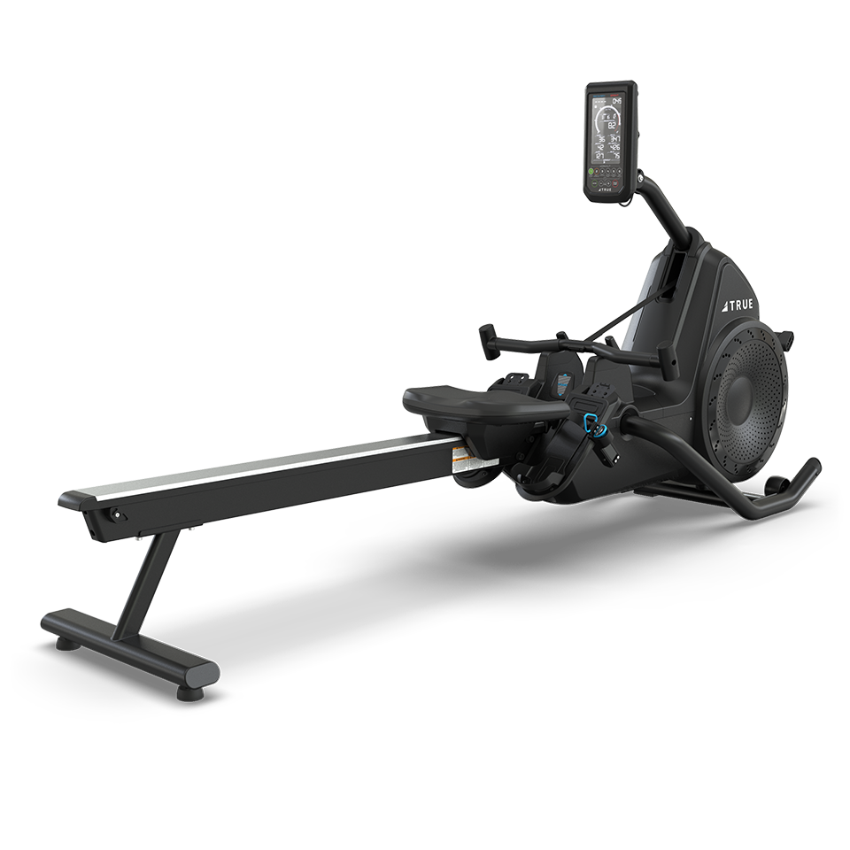 A modern black rowing machine with a digital display screen mounted at the front, angled for user visibility, set on a light background.