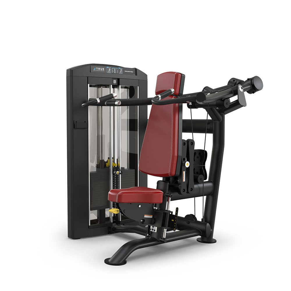 A chest press gym machine with a black frame and red padded seat and backrest, featuring adjustable handles and weight stack for resistance training, against a plain white background.