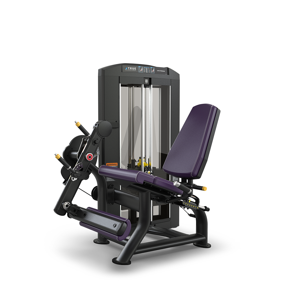 A leg extension machine with a padded seat and backrest, adjustable leg pads, and a weight stack system, designed for targeting the quadriceps muscles during strength training exercises.