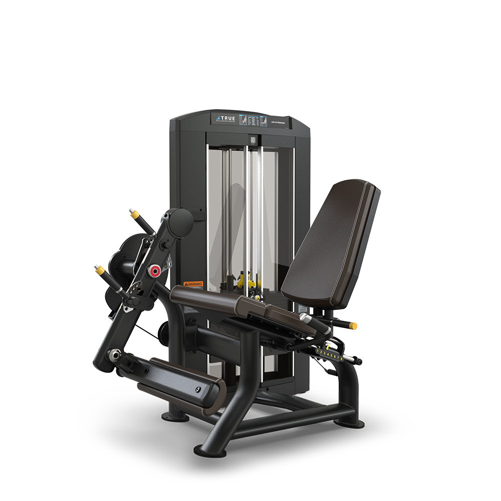 A black and silver leg extension gym machine with padded seat, backrest, and adjustable levers, designed for strength training exercises, set against a plain white background.