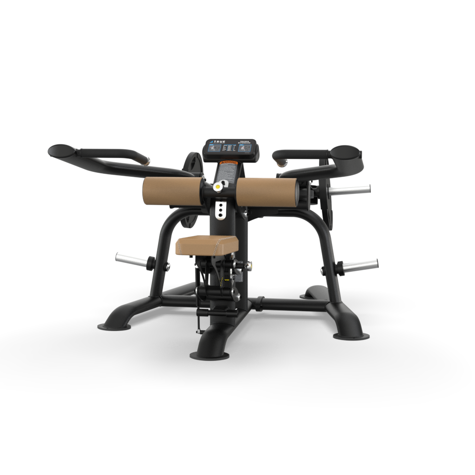 A black and brown fitness machine with padded rollers, a digital display, and handles, designed for seated leg or arm exercises, on a white background.