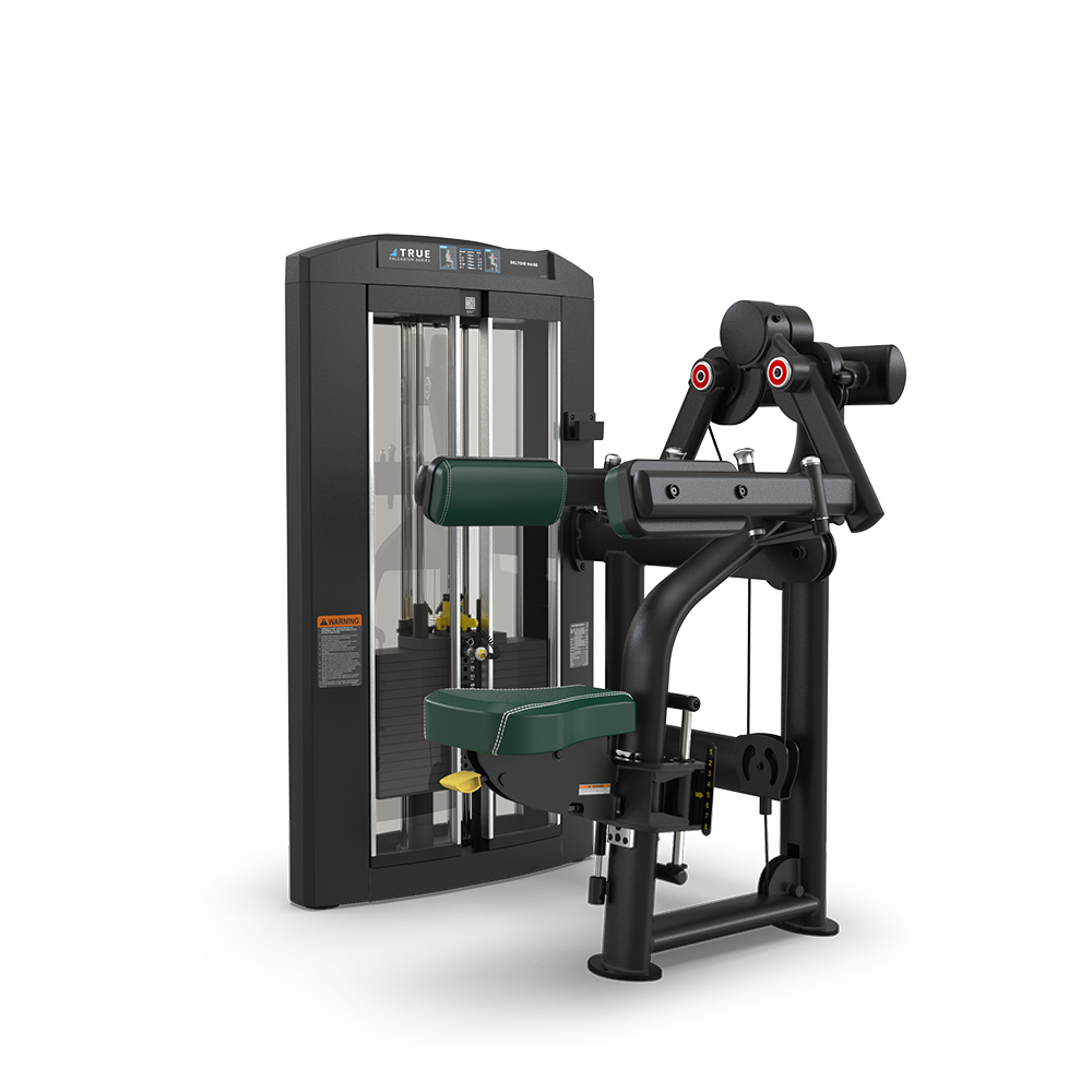 A black and green seated gym machine with padded supports and adjustable weights, designed for targeting the back muscles, set against a plain white background.
