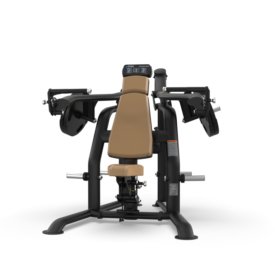 A seated chest press machine with a black metal frame, brown padded seat and backrest, adjustable arms, and handlebars, designed for strength training exercises.