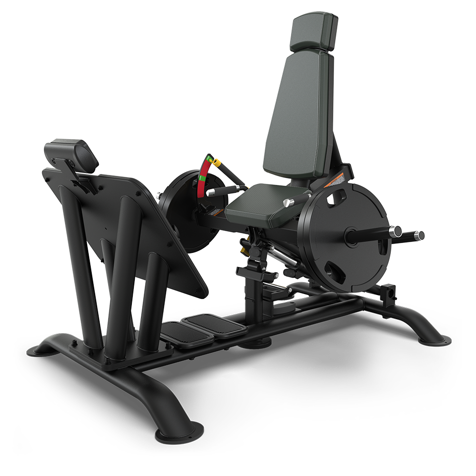A black and gray leg press machine with a padded seat and backrest, adjustable weights, and foot platform on a sturdy frame, designed for lower body strength training.