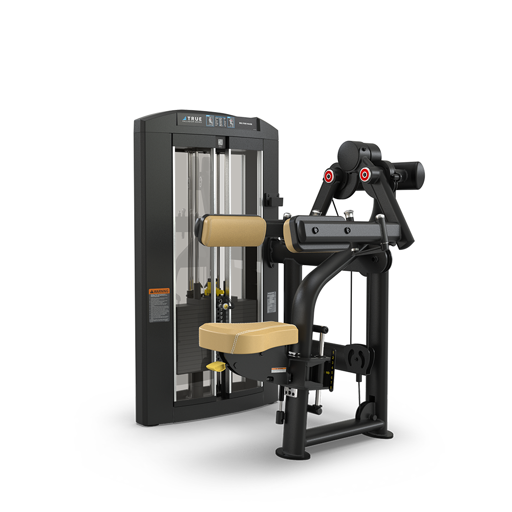 A black and beige seated gym machine with padded seat and arm supports designed for isolated arm exercises, featuring adjustable weights and instructional labels on a white background.