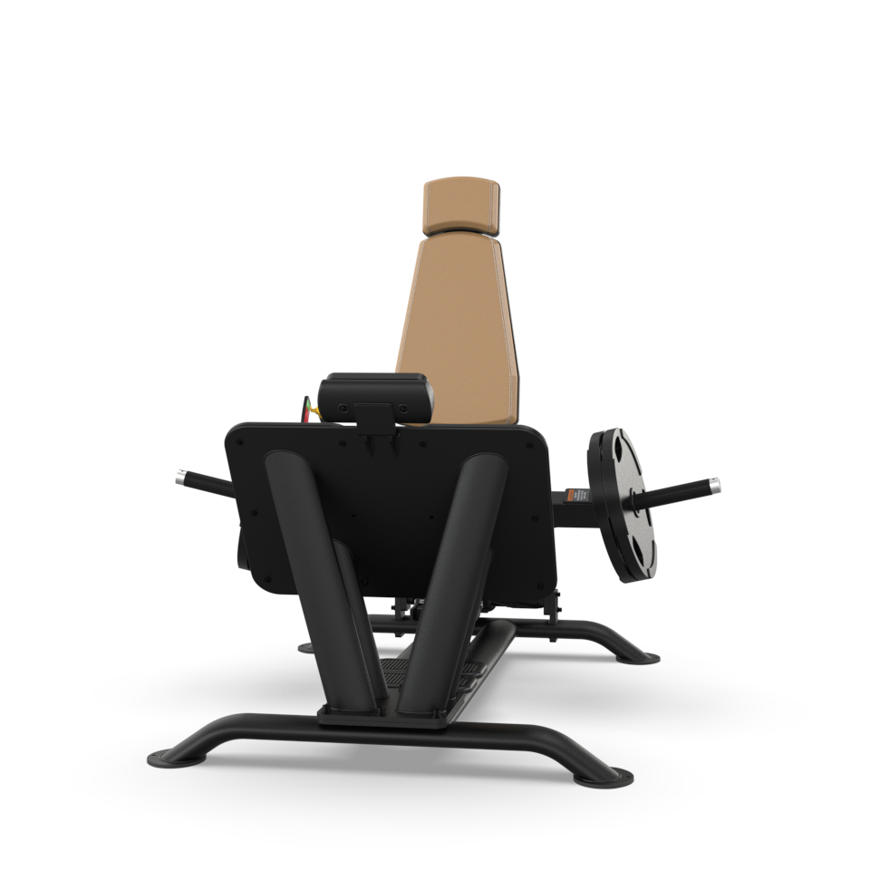 A rear view of a gym leg press machine with a beige padded seat, black frame, foot platform, and handles for weight plates on each side, set against a white background.