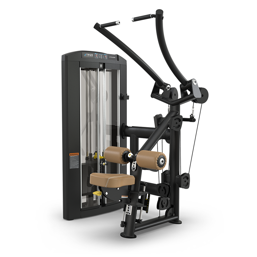 A black and tan seated strength training machine designed for upper body workouts, featuring padded seats and handles, weight stack, and adjustable components, set against a plain white background.
