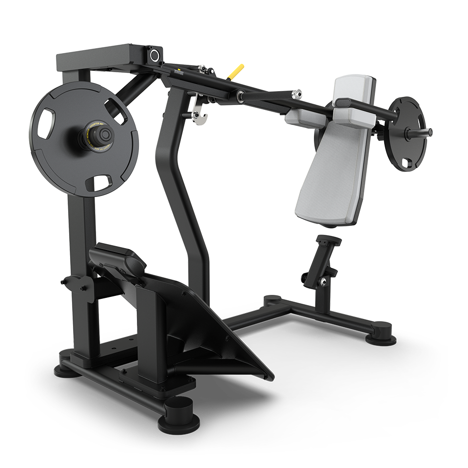 A black and silver plate-loaded chest press machine with padded backrest, seat, and angled handles, designed for weight training exercises. Two weight plates are mounted on each side.