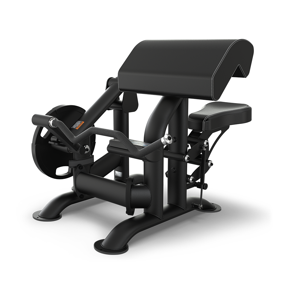 A black preacher curl machine with padded arm rest, seat, and handlebars, designed for isolated bicep exercises, is shown against a plain white background.