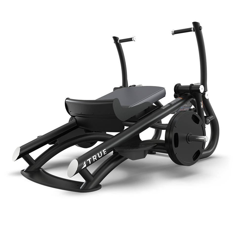 A black and silver seated exercise machine with handlebars, footrests, weights, and the brand name TRUE on the frame, designed for strength training and lower body workouts.