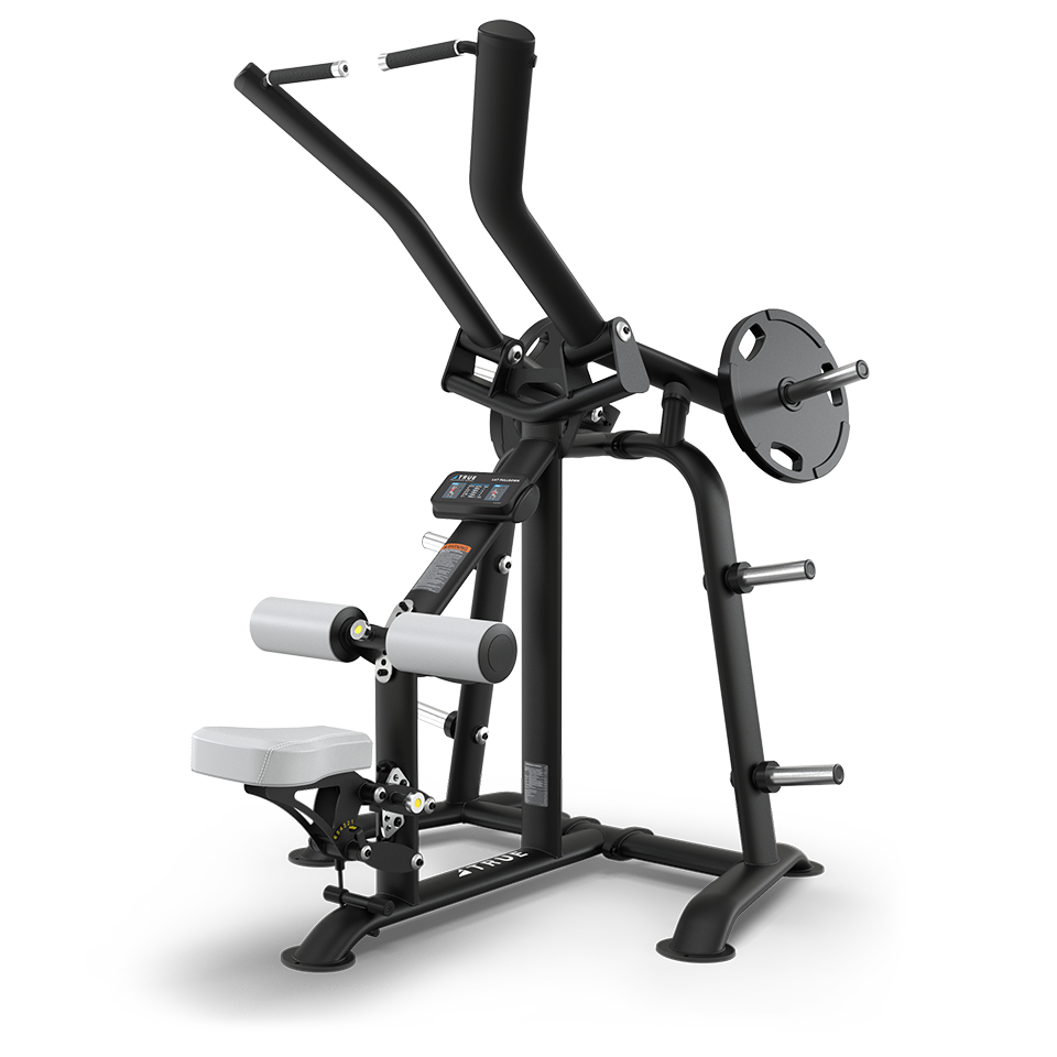 A black and silver plate-loaded lat pulldown machine with padded seat, leg rollers, multiple handles, and weight storage pegs, designed for upper body strength training.